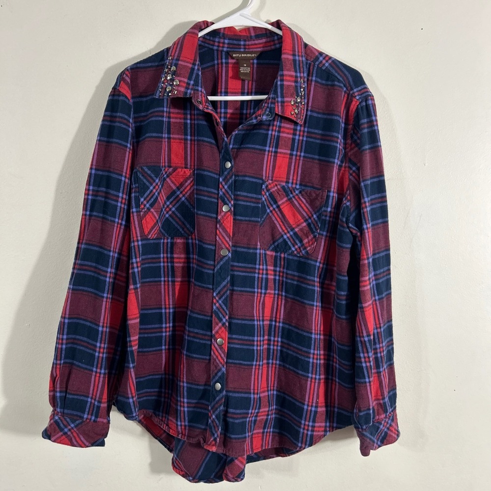 Bit & Bridle Plaid Flannel Shirt Womens 1X Red Navy Studded Western